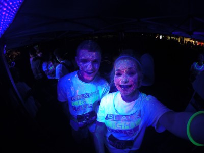 Glow powder on our skin and shirt